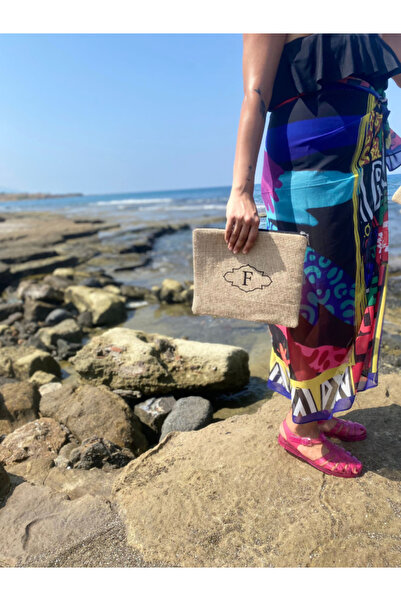 F Harfli Clutch Çanta - Jüt Kumaş