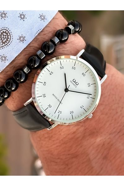 Q&Q Brand Retro Black, 24 months Warranty, Waterproof, Leather Strap Men's Wristwatch+Bracelet