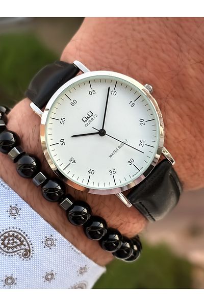 Q&Q Brand Retro Black, 24 months Warranty, Waterproof, Leather Strap Men's Wristwatch+Bracelet