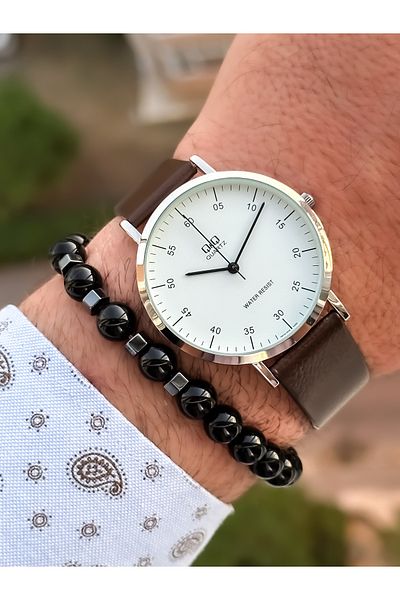 Q&Q Brand Retro Brown, 24 months Warranty, Waterproof, Leather Strap Men's Wristwatch+Bracelet