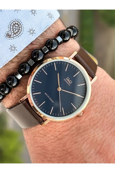 Q&Q Retro Brown 24 months Warranty, Waterproof, Leather Strap Men's Wristwatch + Bracelet