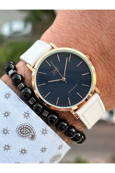 Q&Q Retro White Color, Waterproof, Leather Strap Men's Wristwatch+Bracelet