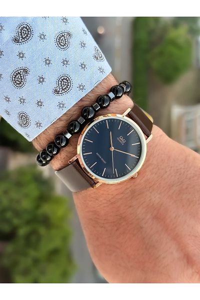 Q&Q Retro Brown 24 months Warranty, Waterproof, Leather Strap Men's Wristwatch + Bracelet