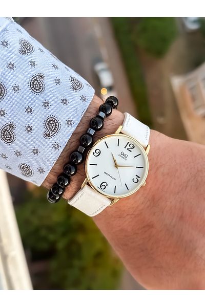 Q&Q Retro White Color Waterproof Leather Strap Men's Wristwatch+Bracelet