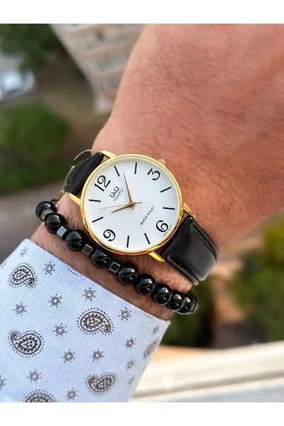 Q&Q Retro Black Color, 24 Months Warranty, Waterproof, Leather Strap Men's Wristwatch+Bracelet