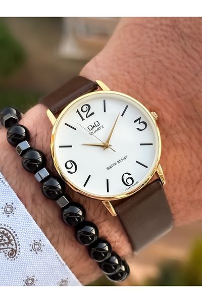 Q&Q Retro Brown, 24 months Warranty, Waterproof, Leather Strap Men's Wristwatch + Bracelet