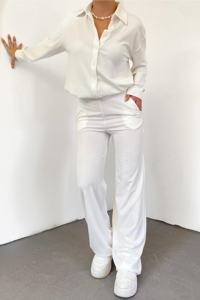 lovebox Cămașă și pantaloni cu design supradimensionat Seersucker pentru femei Costum dublu alb 10786