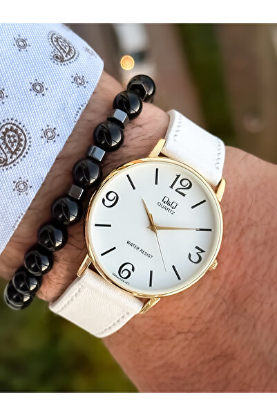 Q&Q Retro White Color Waterproof Leather Strap Men's Wristwatch+Bracelet