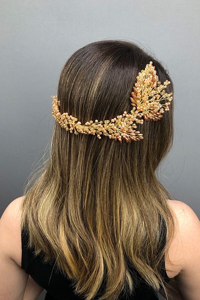 Hobigram Ανοιχτό μελί χρώμα Helen Crystal and Pearl Bridal Henna Crown για τις πιο όμορφες νύφες – Κορώνα, Crystal Stone – Ta