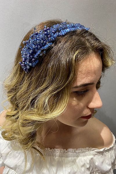 Hobigram Model de frunze albastre indigo pentru cele mai frumoase mirese Accesoriu pentru păr și turban cu mărgele – Coroană, piatră de cristal –