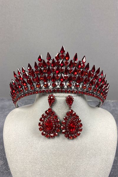 Hobigram Set de coroană și cercei cu picătură roșie 3D pentru cea mai frumoasă mireasă – coroană, piatră de cristal