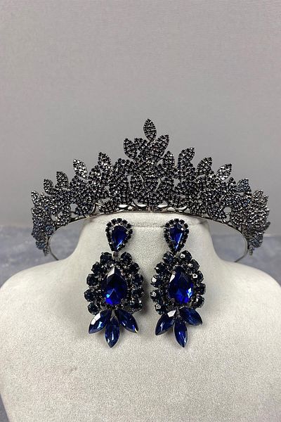 Hobigram Coroană și cercei de mireasă Henna cu pietre prețioase Sara Sık bleumarin pentru cele mai frumoase mirese – Coroană, piatră de cristal, modă elegantă