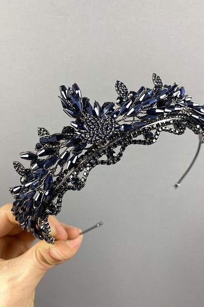 Hobigram Cea mai frumoasa mireasa Lena, albastru bleumarin, coroana de mireasa Henna cu cristale - coroana, cu pietre de cristal, model elegant