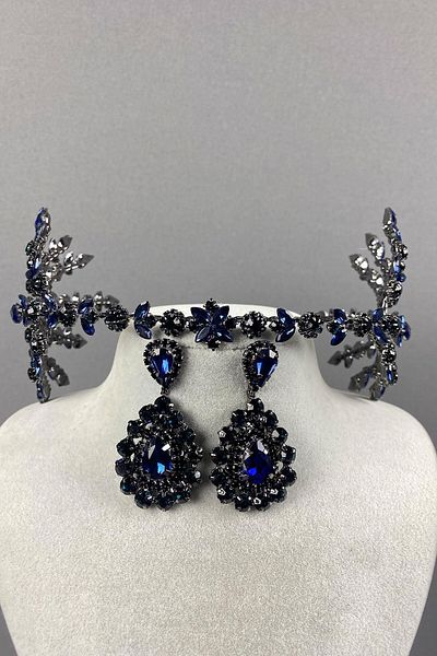Hobigram Navy Blue Helenist Bridal Henna Crown and Shuttle Earring Set for the Most Beautiful Brides – Crown, Crystal Stone – Crown