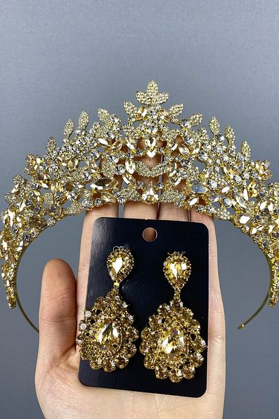 Hobigram Set de coroană și cercei cu picătură pentru mireasa de culoarea miere Oscar pentru cele mai frumoase mirese – Coroană, piatră de cristal – Coroană
