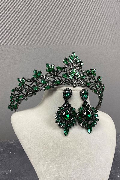 Hobigram Coroana de mireasa Melis verde si cercei cu piatra meci pentru cele mai frumoase mirese - coroana, piatra de cristal, model elegant