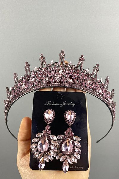 Hobigram Set de coroană și cercei cu henna de mireasă Leonis roz pentru cele mai frumoase mirese – coroană, piatră de cristal, modă elegantă