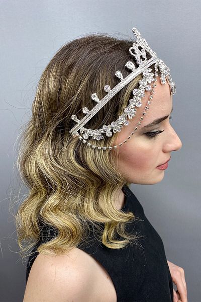 Hobigram Coroana de henna de culoare argintie pentru cele mai frumoase mirese – Coroana, cu piatra de cristal, model elegant, coroana de mireasa –