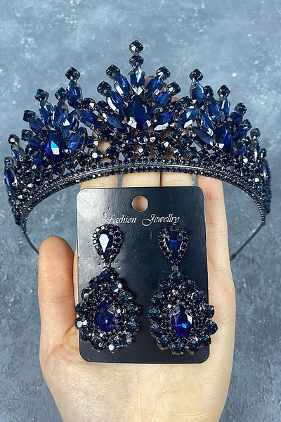 Hobigram Navy Blue Pera Bridal Henna Tiara and Drop Evening Dress Earrings for the Most Beautiful Brides – Crown, Crystal Stone, Stylish Mode