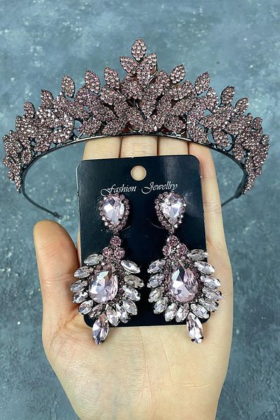 Hobigram Pink Sara Set de coroană și cercei de mireasă Henna cu pietre prețioase pentru cele mai frumoase mirese – Coroană, piatră de cristal, modă elegantă