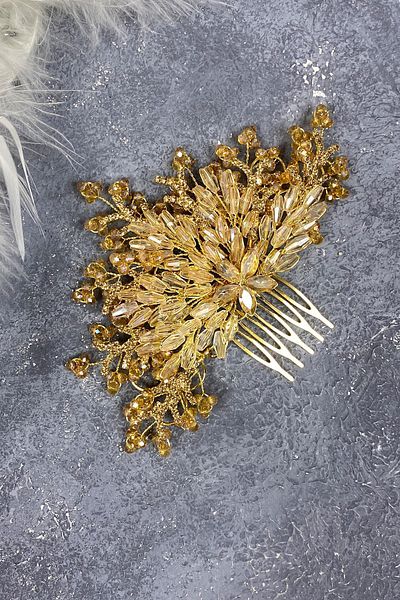 Hobigram Accesoriu pentru păr de mireasă cu pieptene lateral brodat cu cristal de culoarea mierei pentru cele mai frumoase mirese – Coroană – Tiara