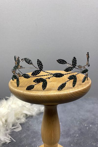 Hobigram Yena Design Bridal Tiara Hair Accessory with Green Leaf Branches for the Most Beautiful Brides – Crown, Crystal Stone –