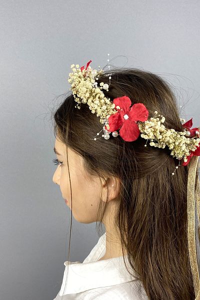 Hobigram Accesoriu de păr de mireasă pentru fotografiere în aer liber cu perle și flori uscate cu hortensii roșii pentru cele mai frumoase mirese – coroană – tiara