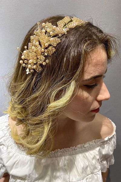 Hobigram Honey Color Leaf Model Beaded Hair and Turban Accessory for the Most Beautiful Brides – Crown, Crystal Stone – t