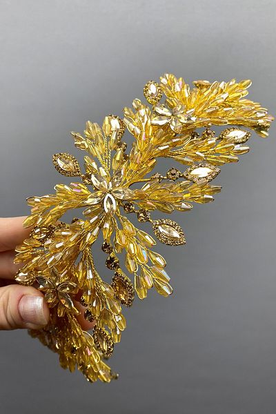 Hobigram Yellow Arden Beaded Bridal Tiara Hairband Accessory for Most Beautiful Brides – Crown, Crystal Stone, Stylish Fashion