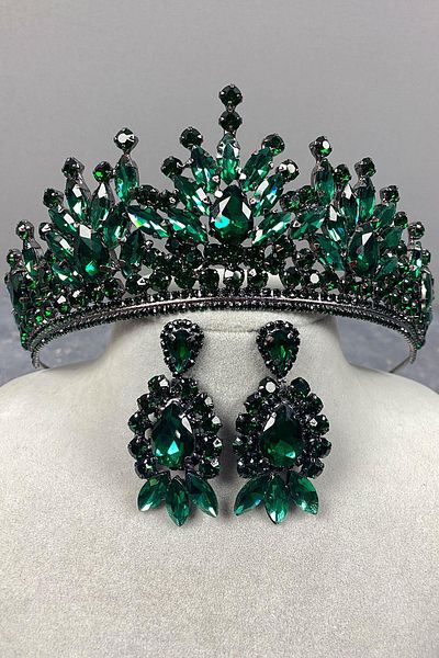 Hobigram Coroană de henna de mireasă verde Pera și cercei cu pietre pentru cele mai frumoase mirese – Coroană, piatră de cristal, model elegant –