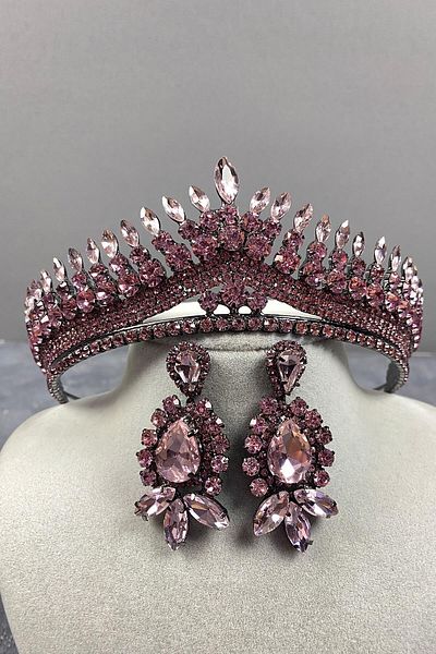 Hobigram Set de coroană și cercei cu picătură de henna pentru mireasă roz Anteras pentru cele mai frumoase mirese – coroană, piatră de cristal, model elegant