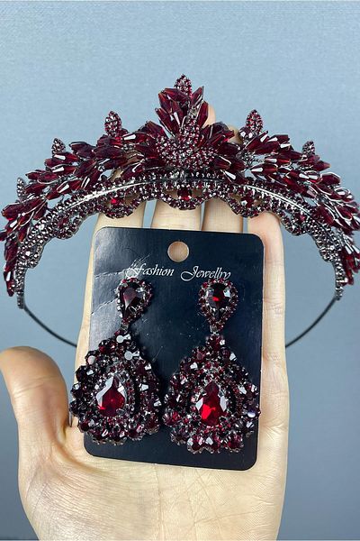 Hobigram Set de coroană și cercei cu henna de mireasă cu cristale Lena de burgundă pentru cele mai frumoase mirese – Coroană, cu pietre de cristal – T