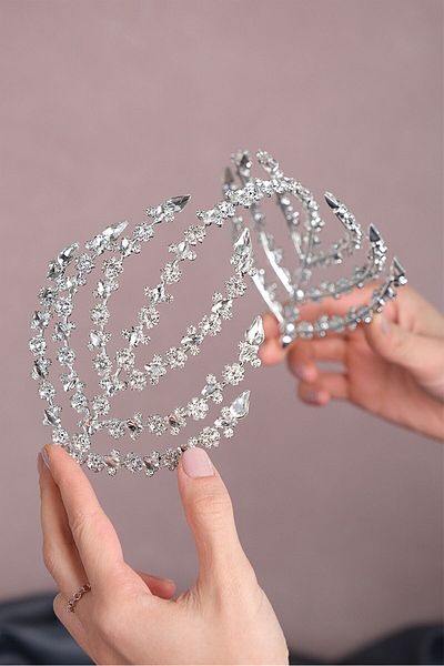 Hobigram Accesoriu de păr Helen cu două fețe de culoare argintie pentru cele mai frumoase mirese Coroana de mireasă – Coroană, cu pietre de cristal – Ta