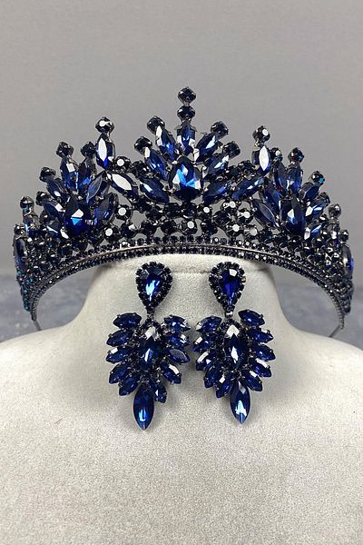 Hobigram Coroană și cercei cu henna de mireasă Pera bleumarin cu navetă pentru cele mai frumoase mirese – Coroană, piatră de cristal, model elegant –
