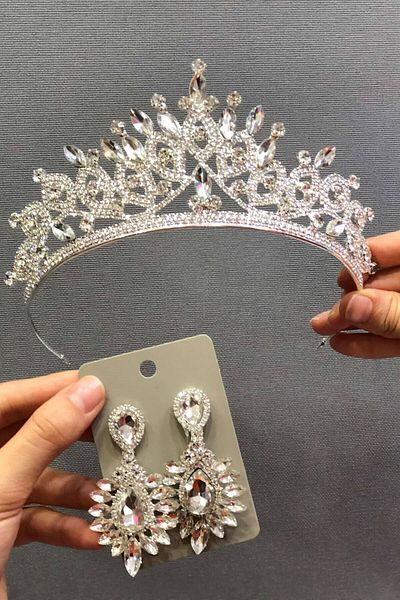 Hobigram Set de coroană și cercei de mireasă din argint sterling pentru cele mai frumoase mirese – coroană, piatră de cristal, model elegant, coroană de mireasă – coroană