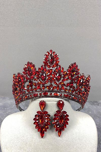 Hobigram Red Godiva High Bridal Henna Tiara și Cercei de seară cu pietre pentru cele mai frumoase mirese – Coroană – Tiara