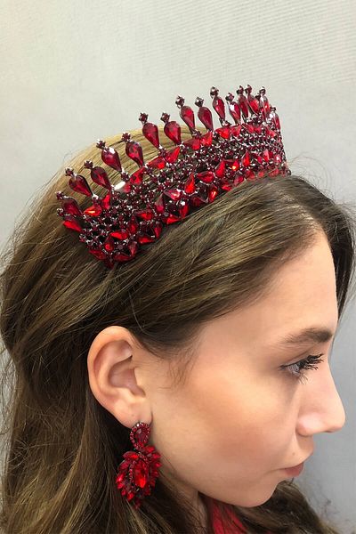 Hobigram Model Sultan Coroana și cercei de mireasă Henna de mireasă roșu Claret pentru cele mai frumoase mirese – Coroană, piatră de cristal, model elegant – T