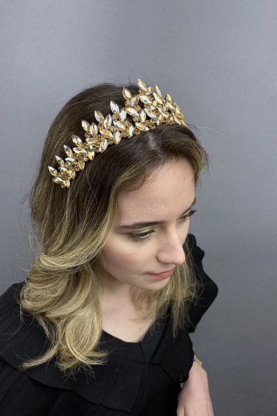 Hobigram Coroana de mireasa Henna model Subra galbena aurie pentru cele mai frumoase mirese – Coroana, cu pietre de cristal, model elegant – Coroana –