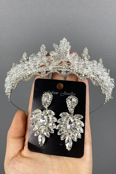 Hobigram Set de coroană de mireasă și cercei cu pietre de navetă cu cristal Lena argintiu pentru cele mai frumoase mirese – Coroană, cu pietre de cristal –