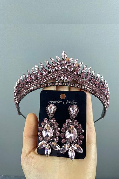 Hobigram Set de coroană și cercei cu picătură de henna pentru mireasă roz Anteras pentru cele mai frumoase mirese – coroană, piatră de cristal, model elegant
