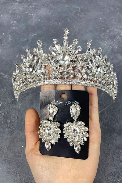 Hobigram Coroană de mireasă și cercei cu navetă Pera din argint sterling pentru cele mai frumoase mirese – coroană, piatră de cristal, model elegant, coroană de mireasă