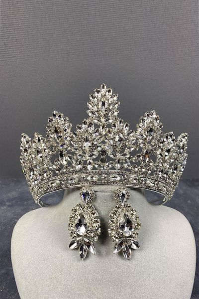 Hobigram Coroană și cercei cu navetă Godiva din argint sterling pentru cele mai frumoase mirese – Coroană, piatră de cristal, model elegant –