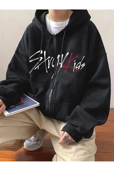 Planet Butik Stray Kids Printed Oversize Zippered Black Unisex Hooded Cardigan