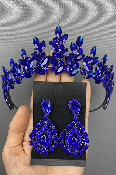 Hobigram Saks Blue Subra Bridal Henna Crown și cercei pentru cele mai frumoase mirese – Coroană, Crystal Stone, Model elegant – Coroană