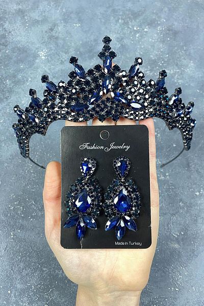 Hobigram Navy Blue Tokyo Stone Bridal Henna Tiara and Shuttle Earrings for the Most Beautiful Brides – Crown, Crystal Stone – Crown