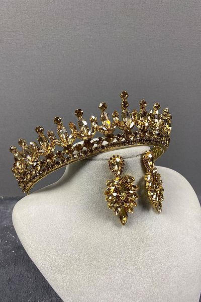 Hobigram Honey Color Pedro Stone Bridal Henna Crown and Earring Set – Crown, Crystal Stone, Stylish Model, Bridal Crown – t