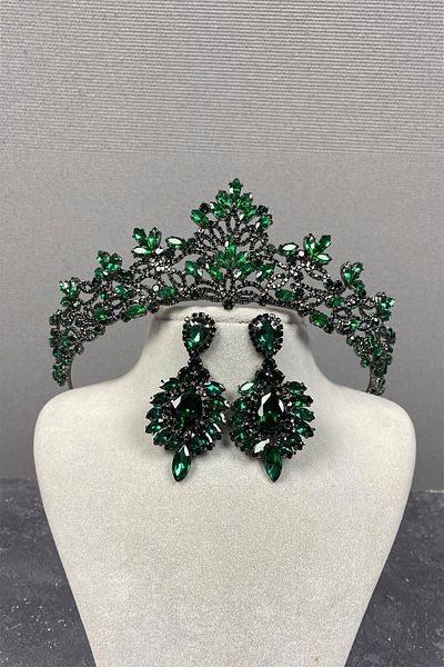 Hobigram Coroana de mireasa Melis verde si cercei cu piatra meci pentru cele mai frumoase mirese - coroana, piatra de cristal, model elegant