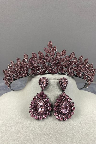 Hobigram Pink Sara Frequent Stone Bridal Henna Crown și cercei cu pietre pentru cele mai frumoase mirese – Coroană, Crystal Stone