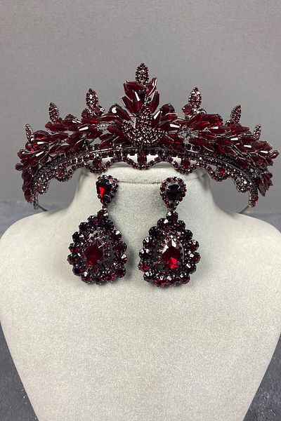 Hobigram Set de coroană și cercei cu henna de mireasă cu cristale Lena de burgundă pentru cele mai frumoase mirese – Coroană, cu pietre de cristal – T