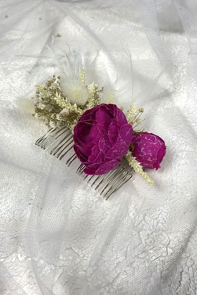 Hobigram Dark Fuchsia Feathered and Cipso Flower Scalloped Hair Accessory for the Most Beautiful Brides – Crown, Crystal Stone – t